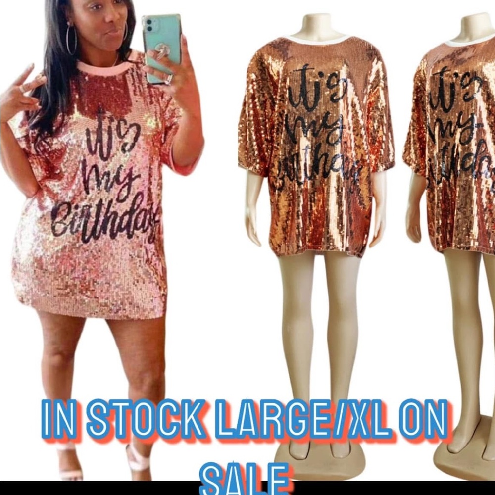 Rose gold Sequin Dress with Black Lettering